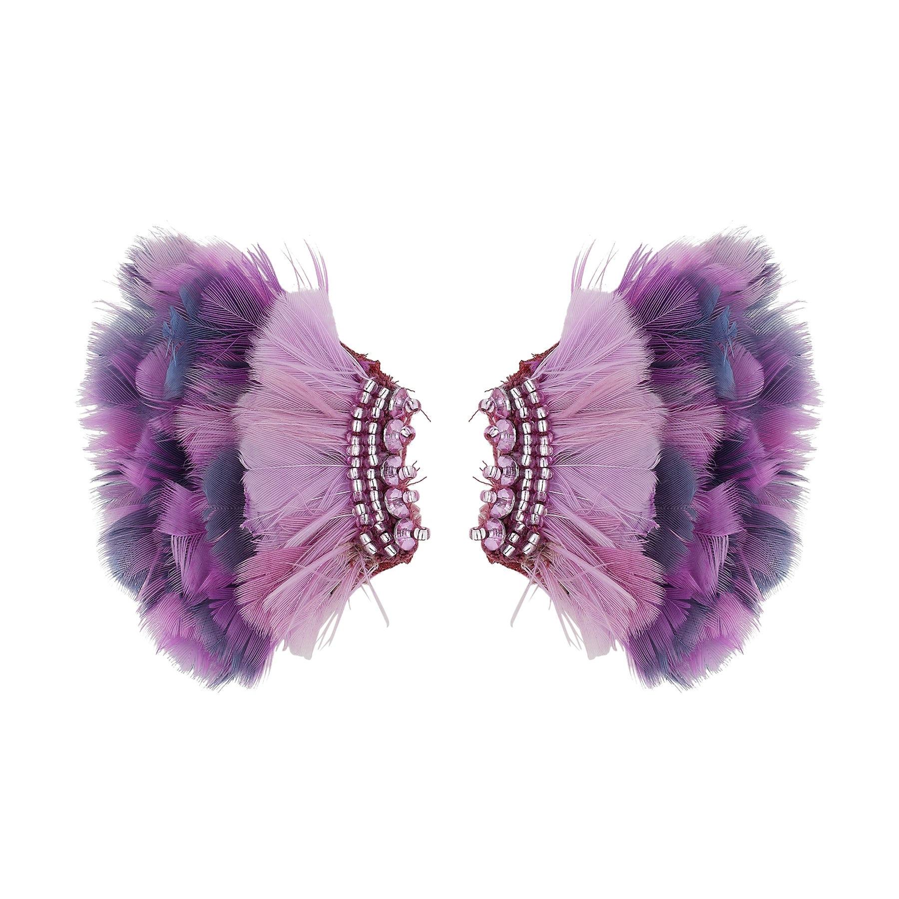 Purple Feathered Wing Stud Earrings on Flat White Background