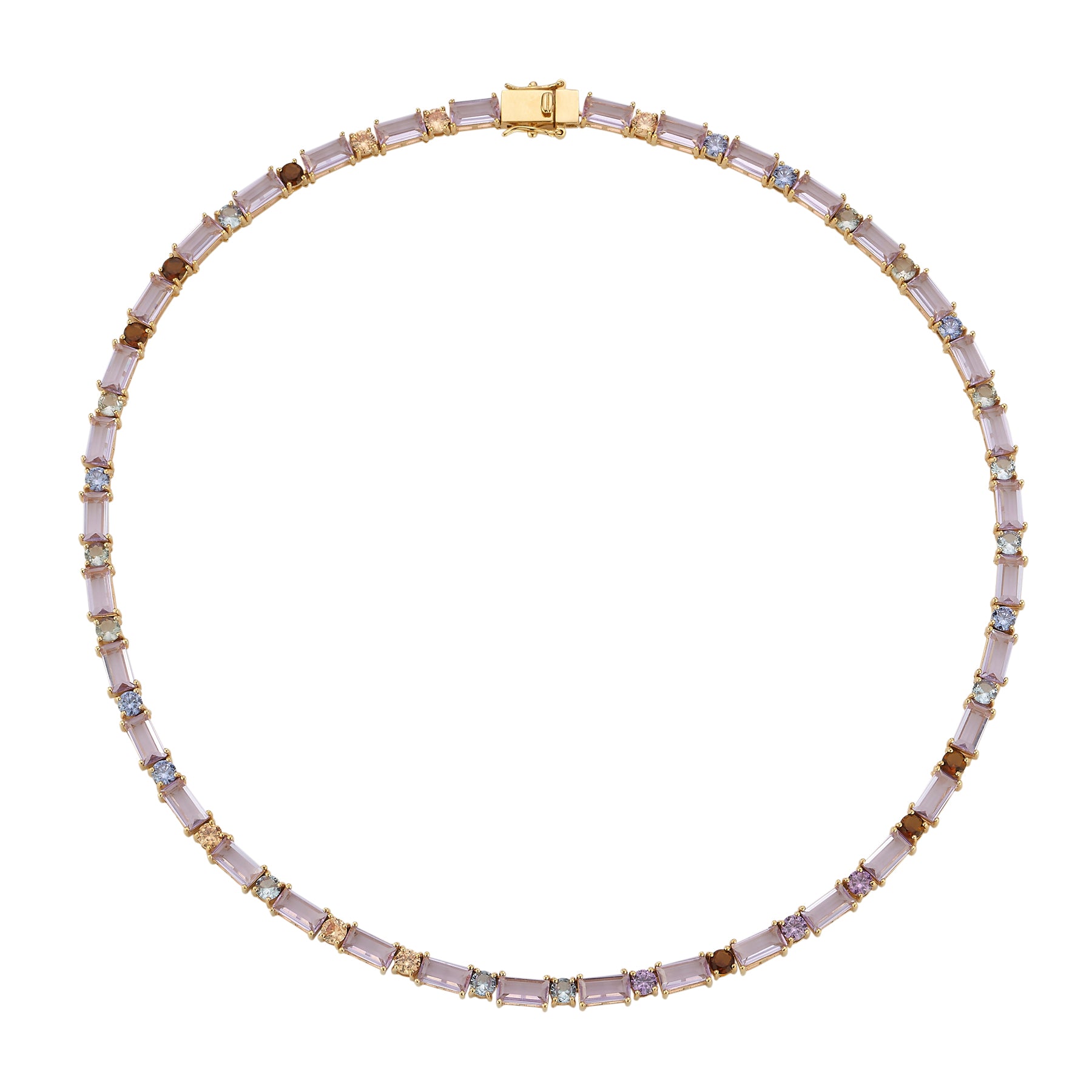 Necklace with gold and purple multi gemstones on a white background