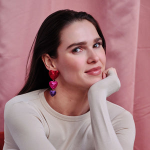 Metallic Red, Purple, and Pink Embroidered Heart Triple Drop Earrings Styled on Model