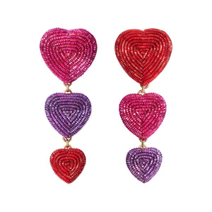 Metallic Red, Purple, and Pink Embroidered Heart Triple Drop Earrings on Flat White Background