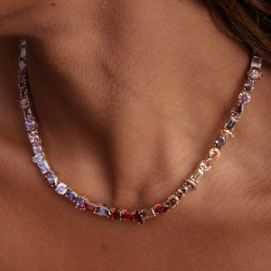 Red, Purple, and Yellow Crystal Tennis Necklace Styled on Model