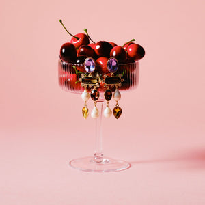 Crystal and Pearl Drop Earrings Staged on Cocktail Glass Filled with Cherries