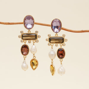 Multi-Colored Crystal Chandelier Drop Earrings Staged on Branch on Tan Background