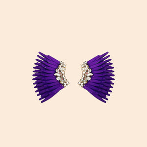 Purple Sequin and Clear Crystal Wing Stud Earring on Tan Background