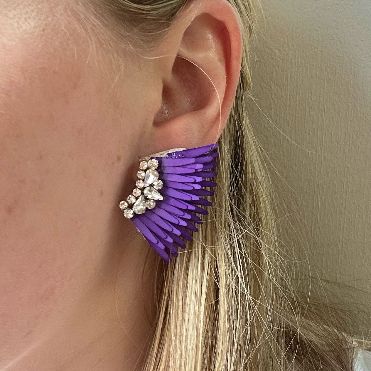 Purple Sequin and Clear Crystal Wing Stud Earring Styled on Model