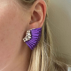 Purple Sequin and Clear Crystal Wing Stud Earring Styled on Model