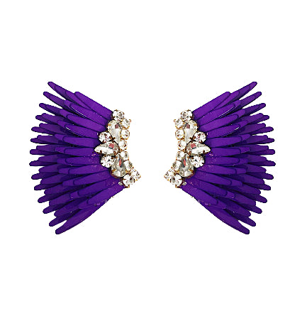 Purple Sequin and Clear Crystal Wing Stud Earring on Flat White Background