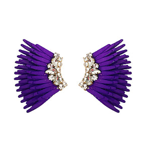 Purple Sequin and Clear Crystal Wing Stud Earring on Flat White Background