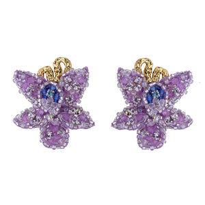 Purple and Blue Beaded Flower Drop Earrings on Flat White Background