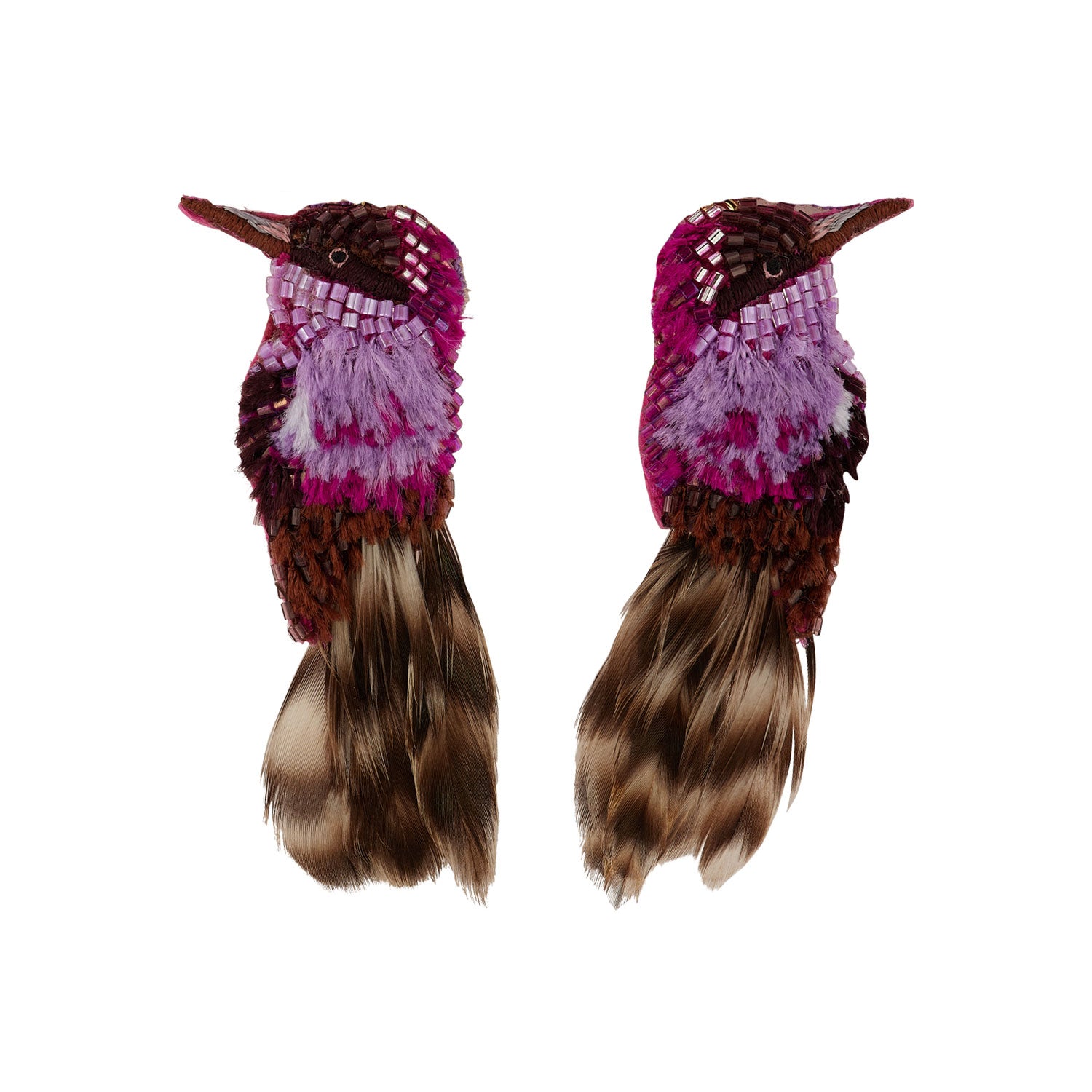 Purple and Brown Beaded and Embroidered Bird Stud Earrings on Flat White Background