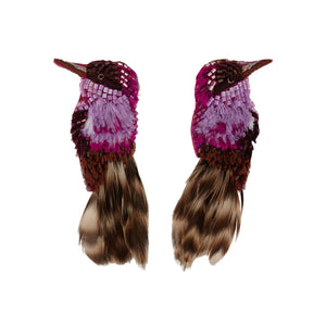 Purple and Brown Beaded and Embroidered Bird Stud Earrings on Flat White Background
