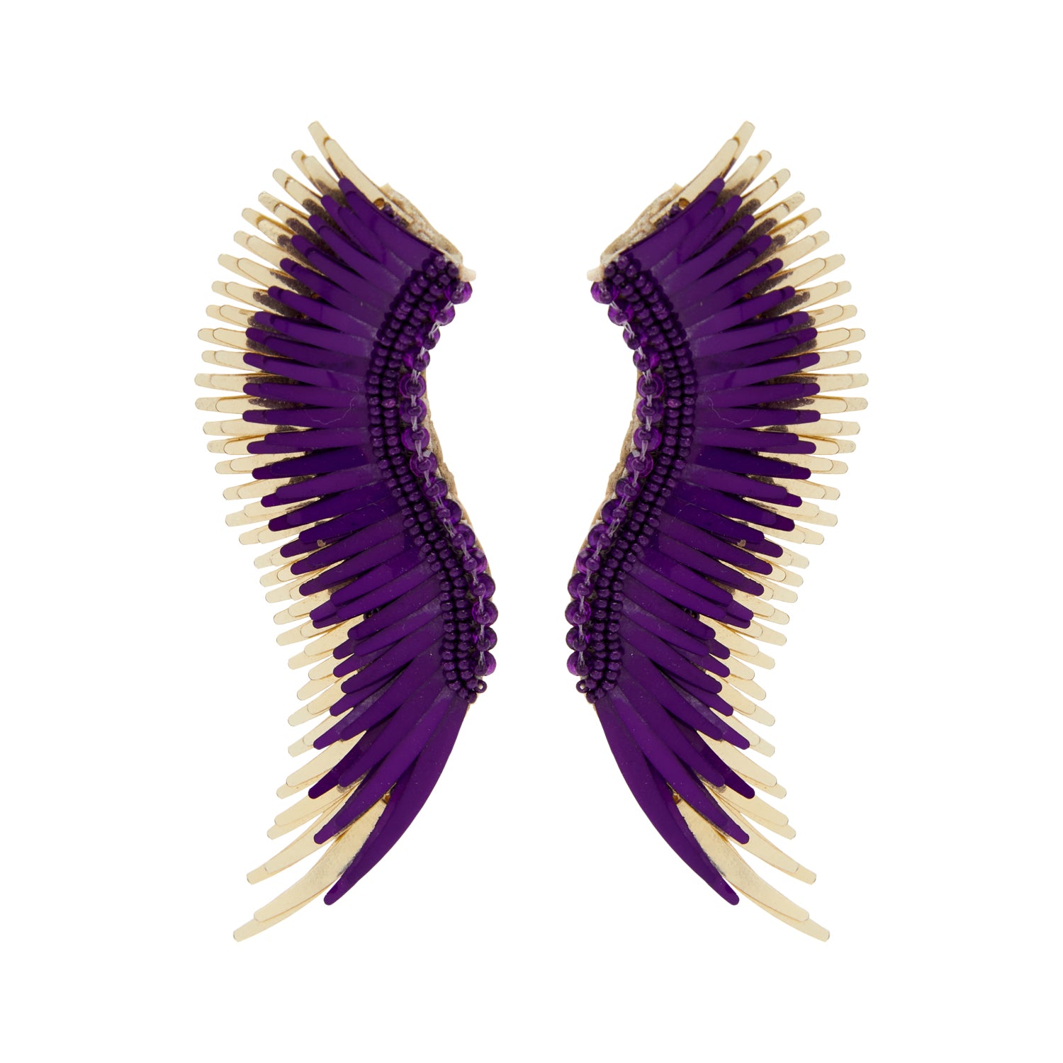 Purple and Gold Sequin and Bead Wing Earrings on Flat White Background