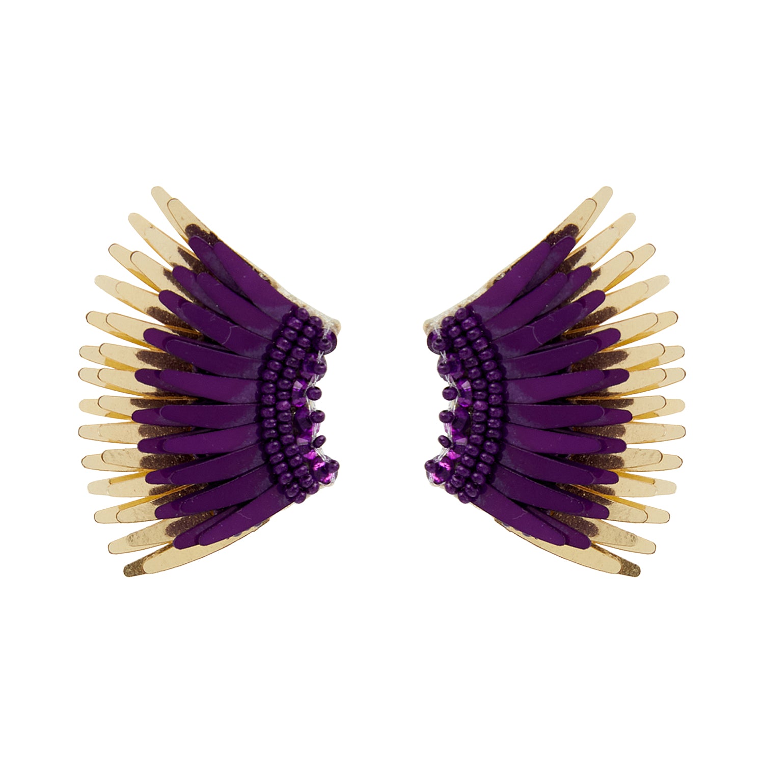 Purple and Gold Sequin and Bead Wing Stud Earrings on Flat White Background