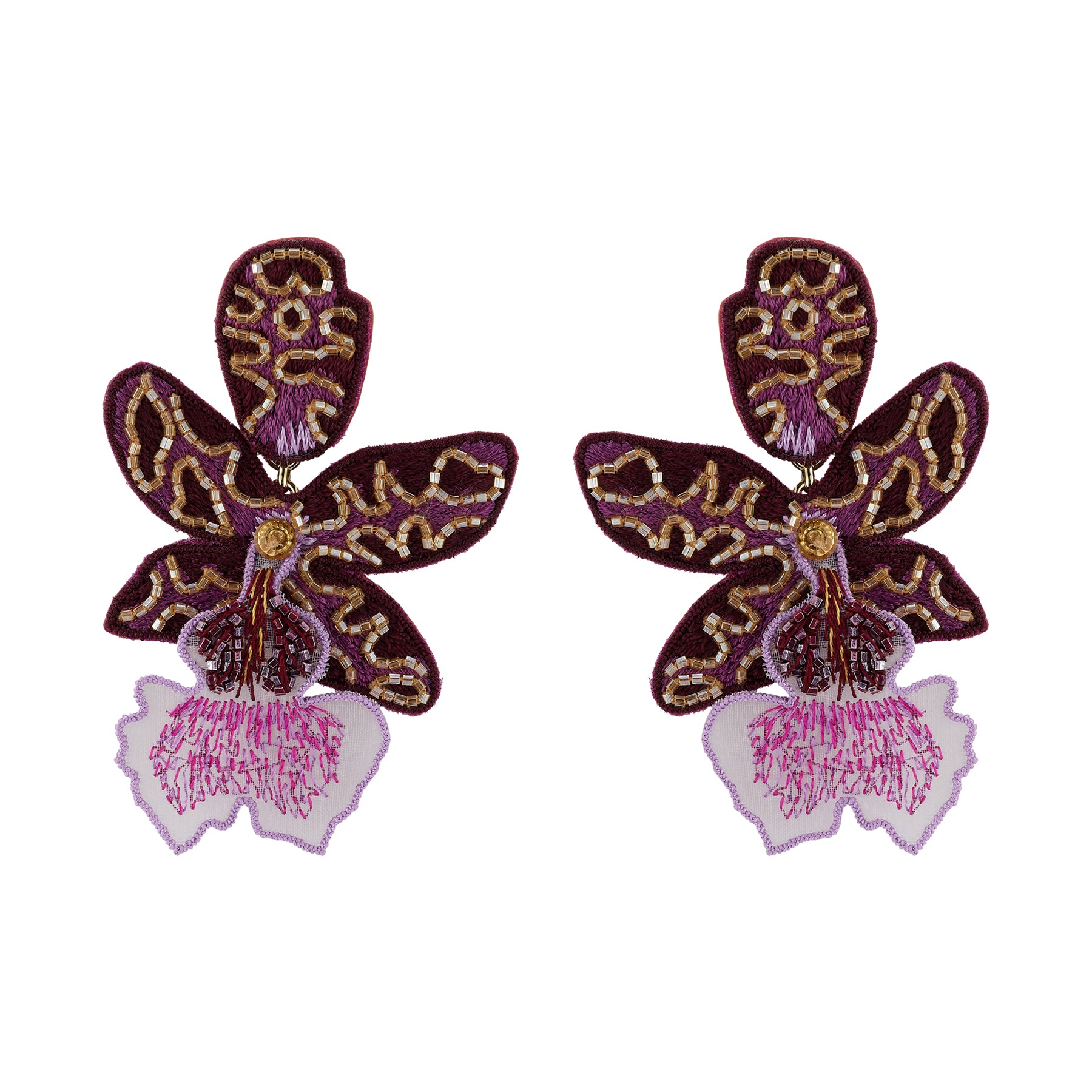 Pair of decorative flower earrings with intricate designs on a white background