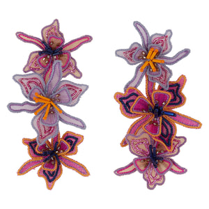 Purple and Pink Linear Drop Flower Earrings on Flat White Background
