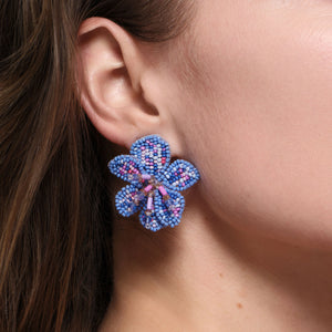 Blue and Purple Beaded Flower Stud Earrings Styled on Model