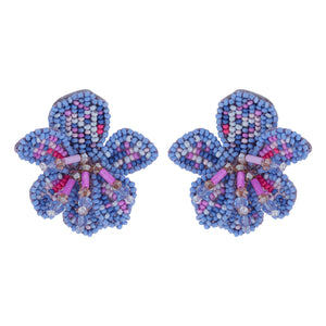 Purple and Pink Beaded Flower Stud Earrings on Flat White Background