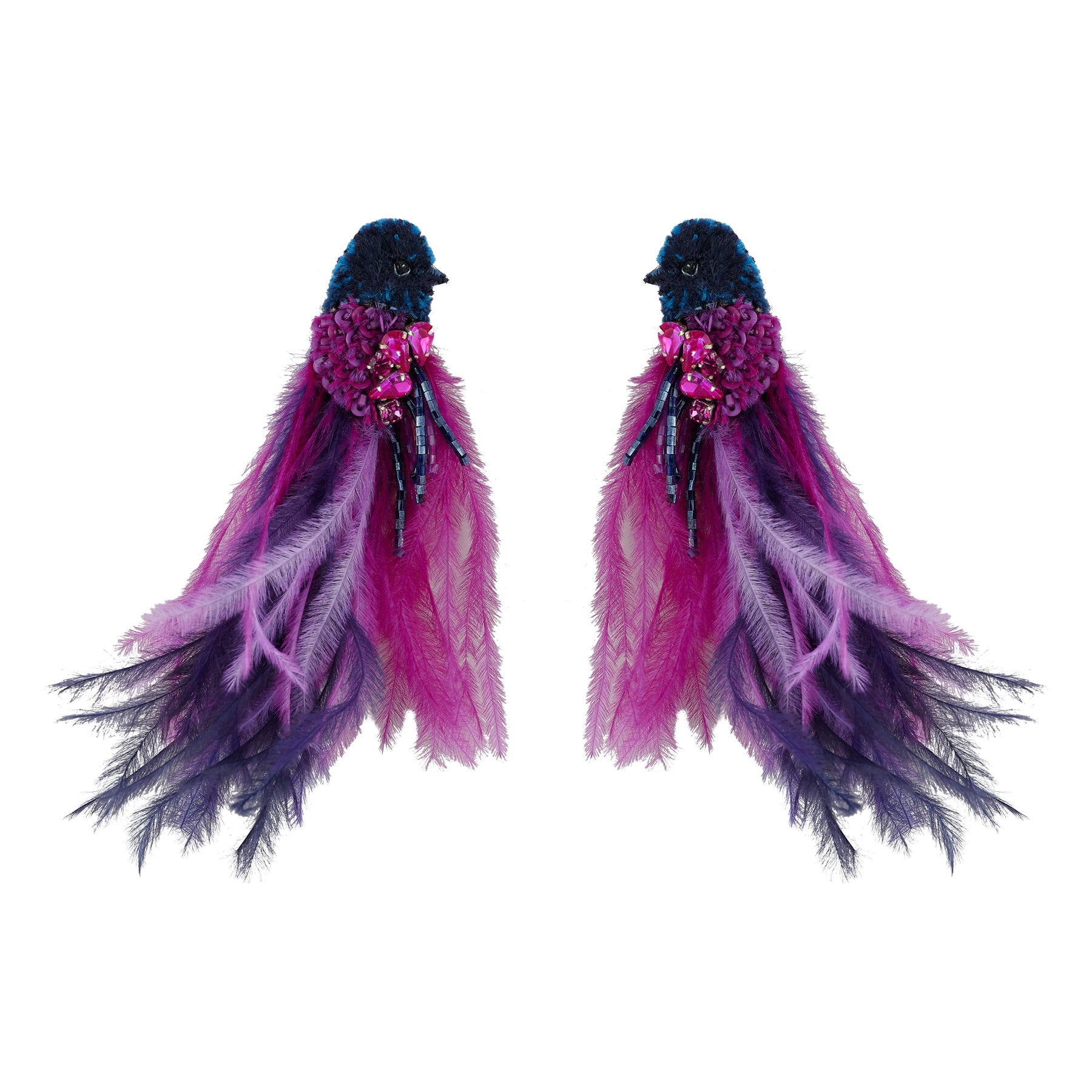 Pair of feathered earrings with pink and purple feathers on a white background