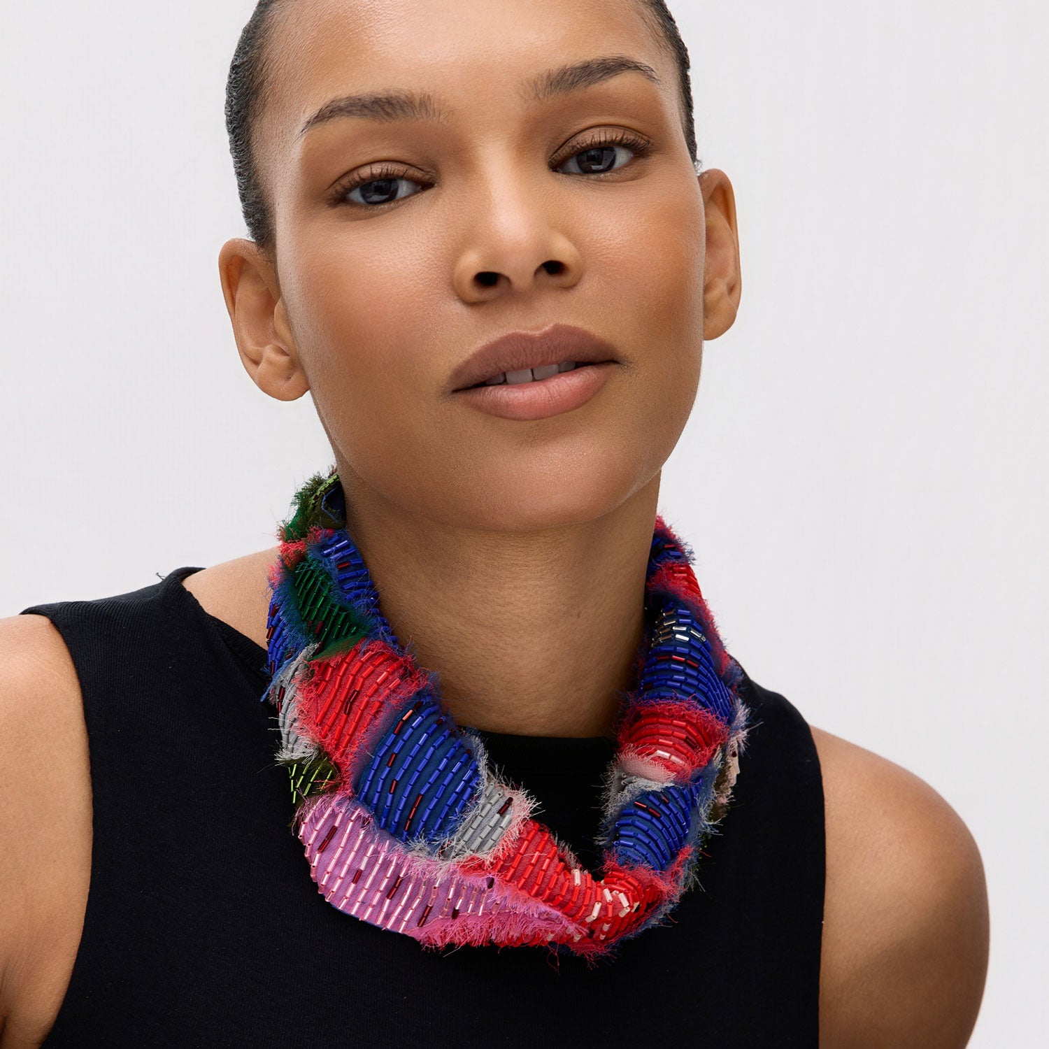 Pink, Blue, and Green Bead Embroidered Mini Scarf Necklace Styled on Model