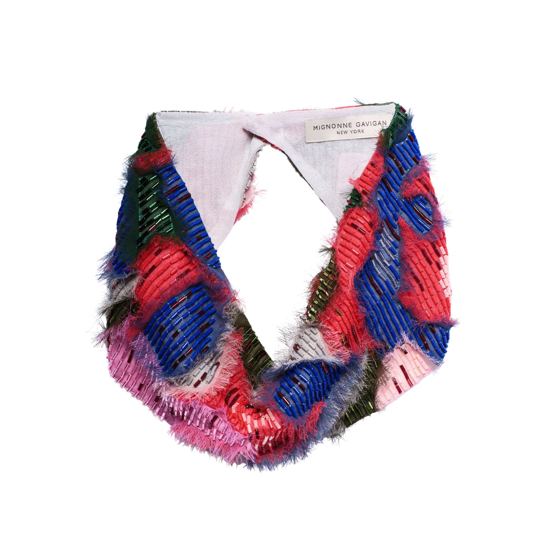 Pink, Blue, and Green Bead Embroidered Mini Scarf Necklace on Flat White Background