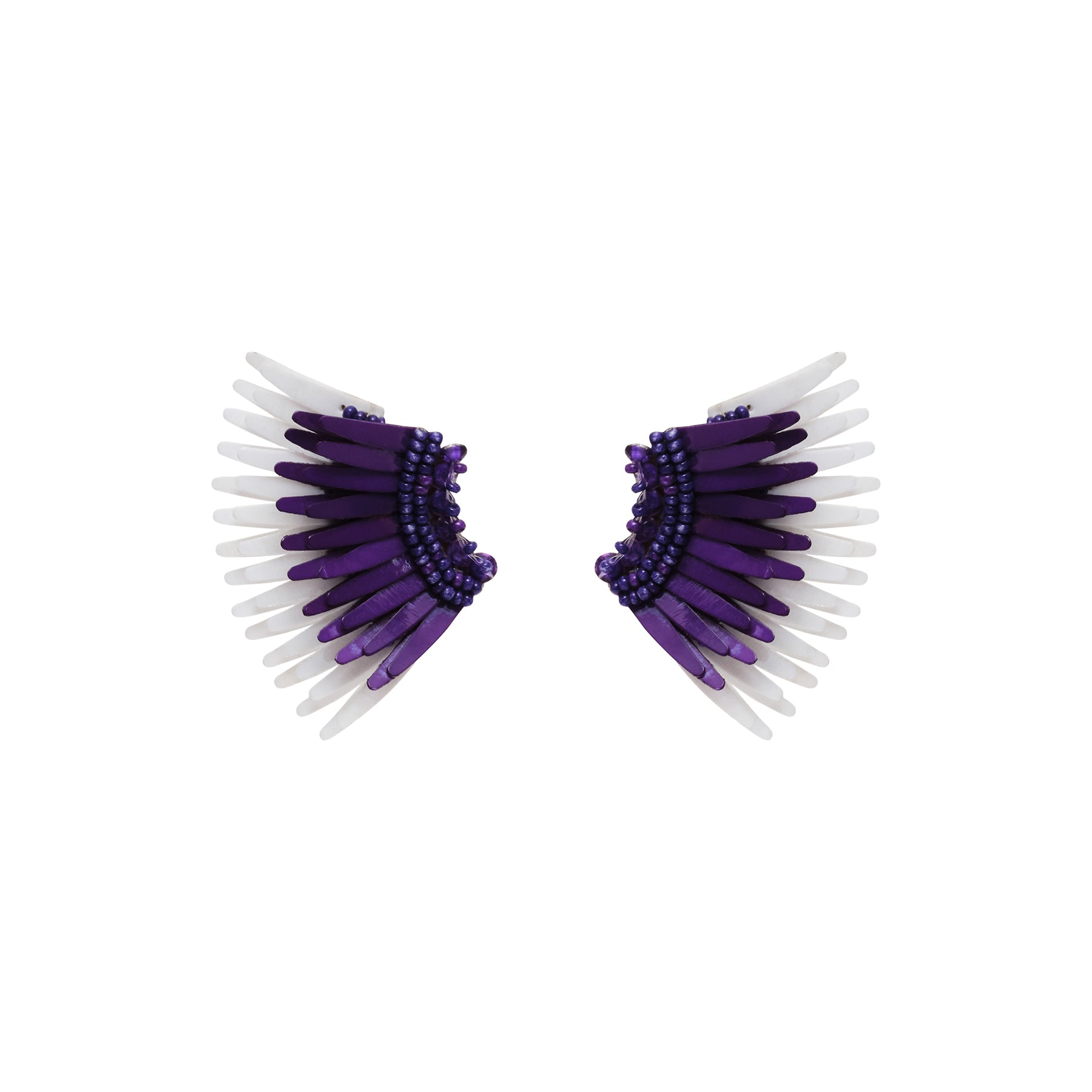 Purple and White Sequin and Bead Wing Stud Earrings on Flat White Background
