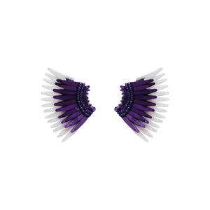 Purple and White Sequin and Bead Wing Stud Earrings on Flat White Background