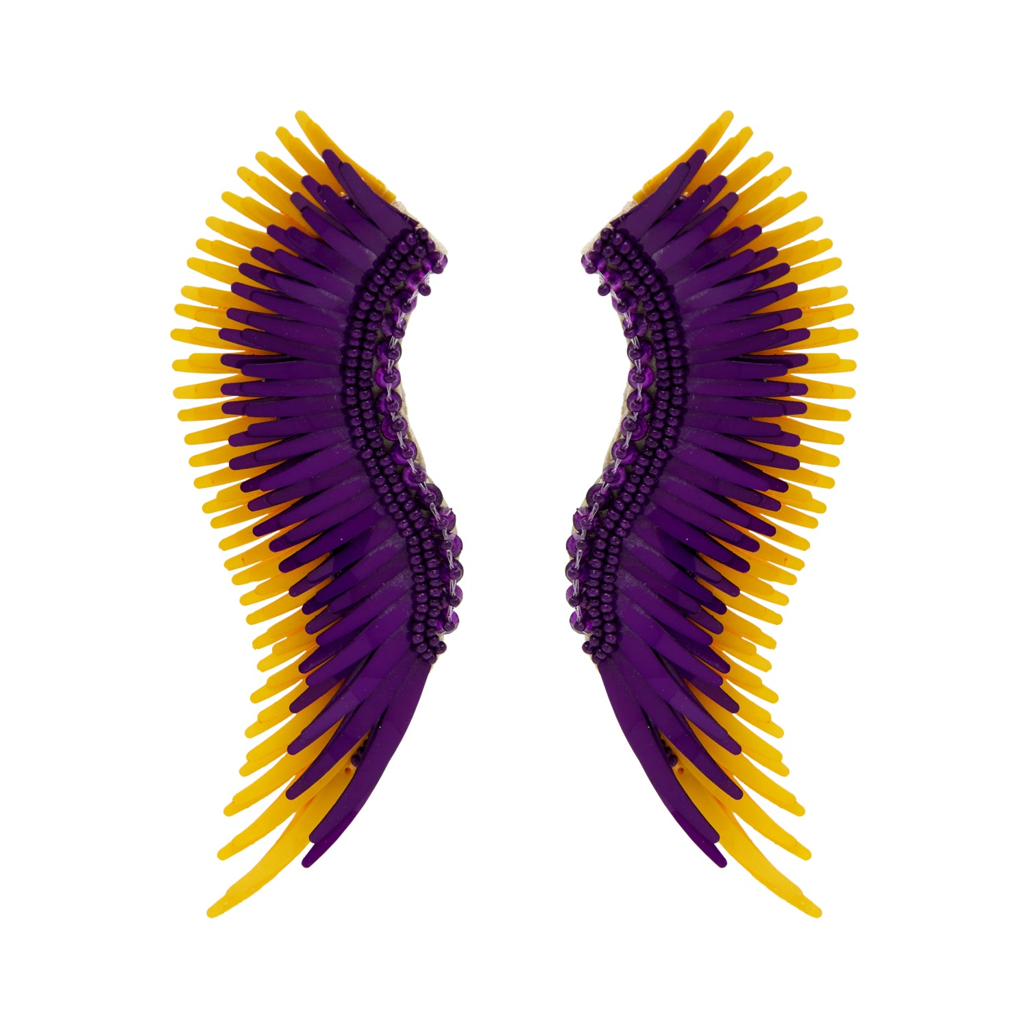 Yellow and Purple Sequin and Bead Wing Earrings on Flat White Background