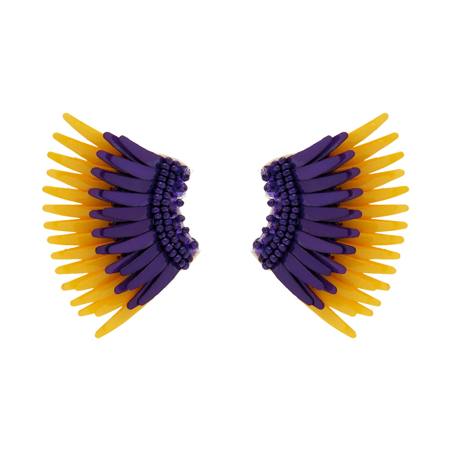 Purple and Yellow Sequin and Bead Wing Stud Earrings on Flat White Background