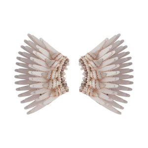 Cream Sequin, Shell, and Bead Wing Stud Madeline Earrings on Flat White Background