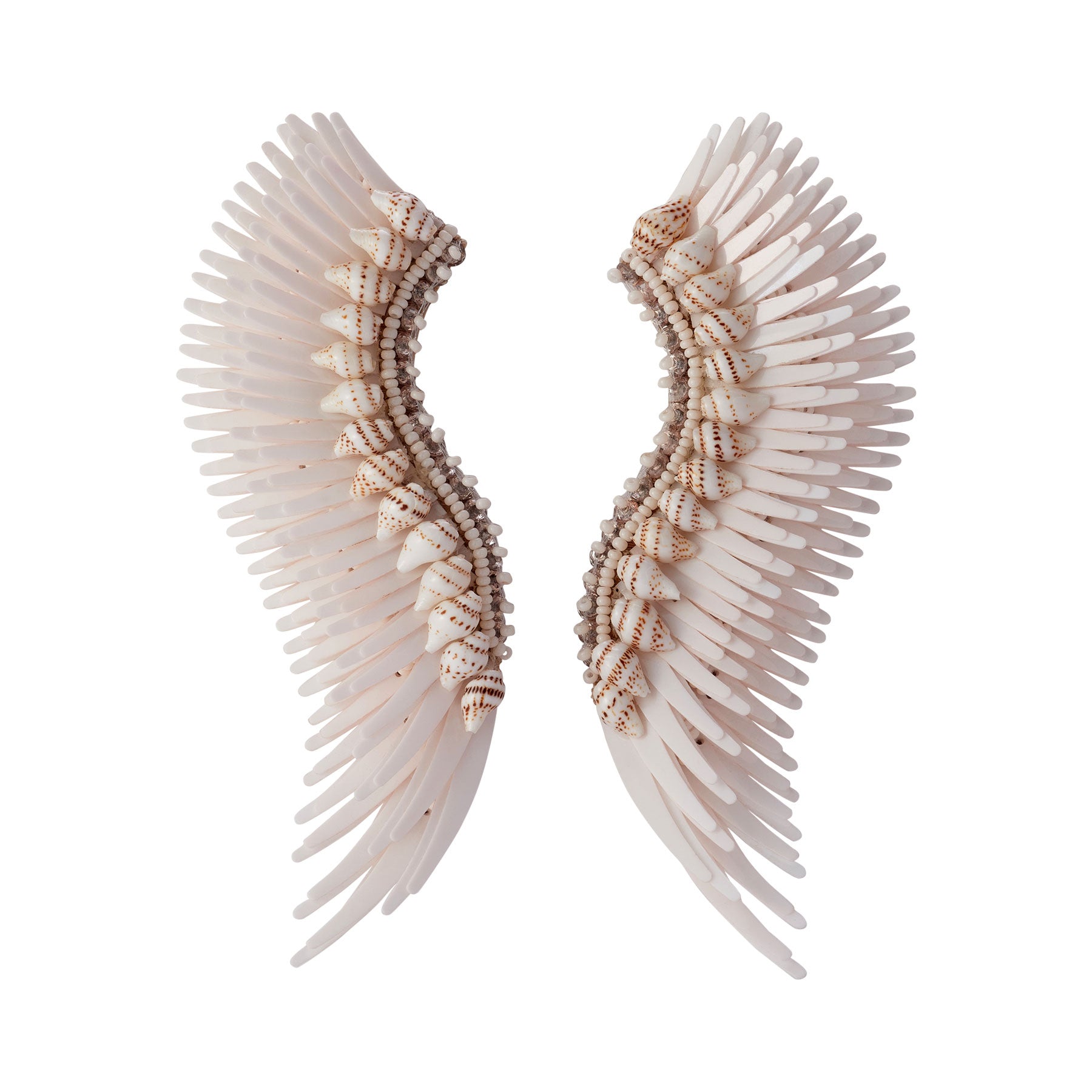 Cream Sequin, Bead, and Shell Wing Statement Madeline Earrings on Flat White Background