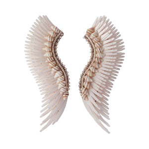 Cream Sequin, Bead, and Shell Wing Statement Madeline Earrings on Flat White Background