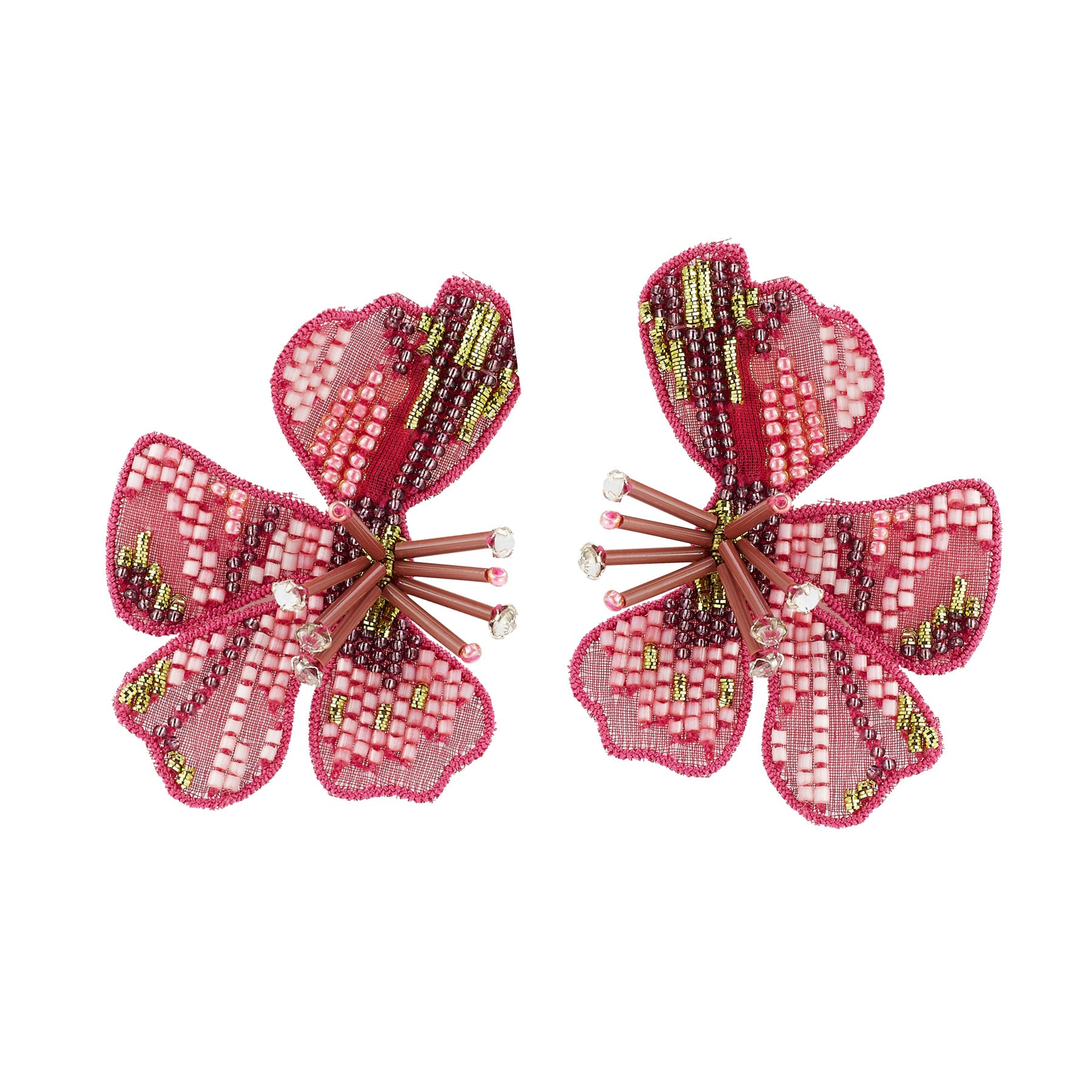 Pair of pink floral earrings with bead details on a white background