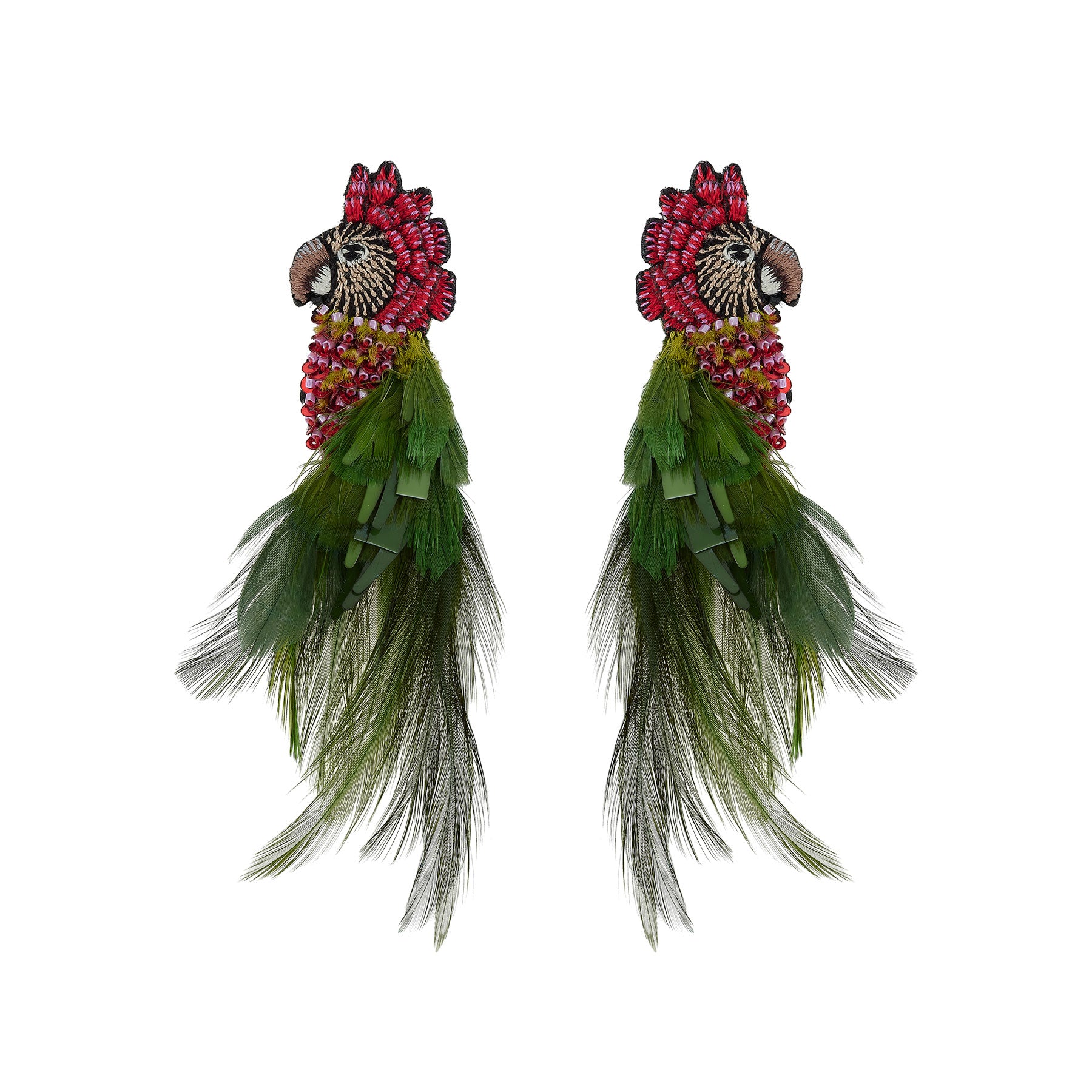 Pair of parrot-shaped earrings with green feathers on a white background