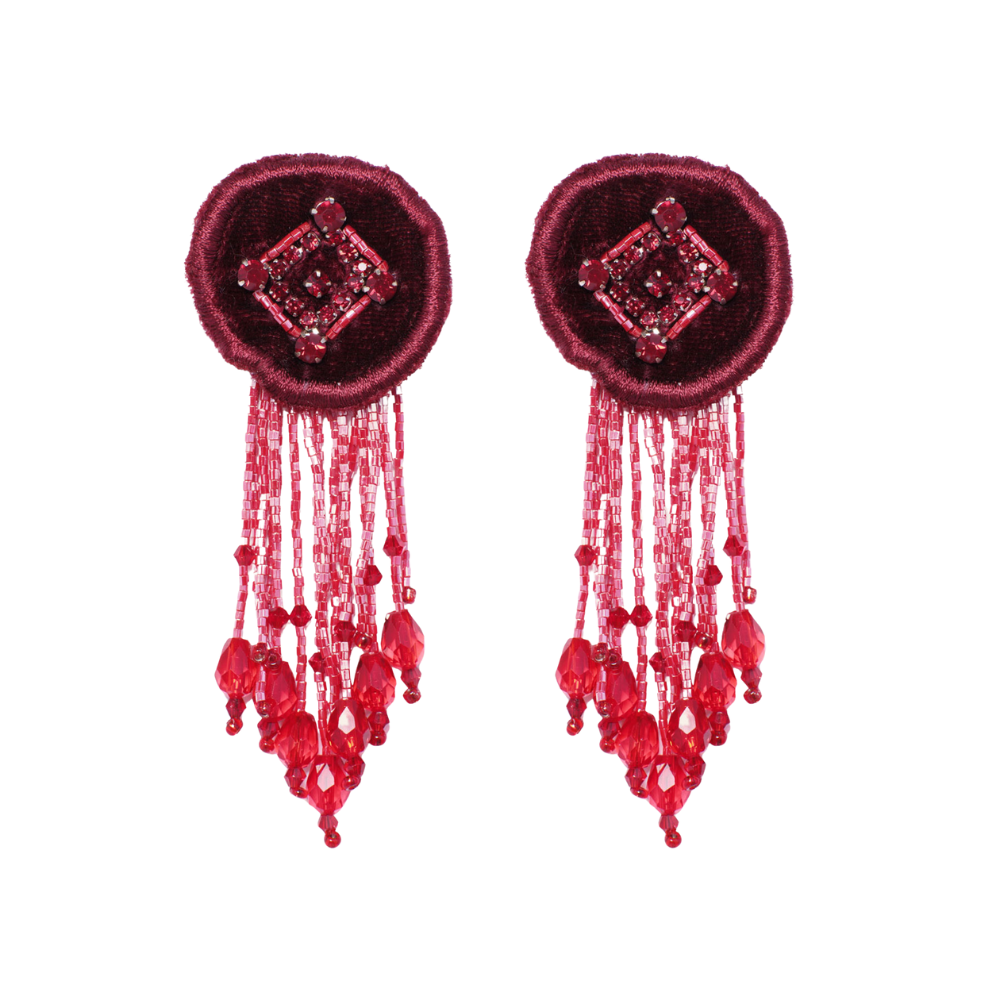 Red Bead and Velvet Drop Earrings on Flat White Background