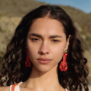 Red Beaded Lobster Drop Earrings Styled on Model