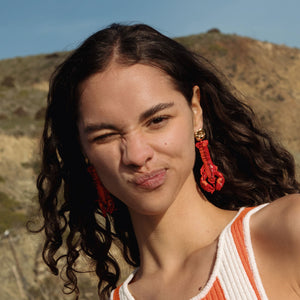 Red Beaded Lobster Drop Earrings Styled on Model