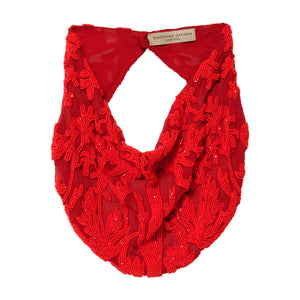 Red Beaded and Embroidered Scarf Necklace on Flat White Background