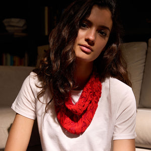 Red Beaded and Embroidered Scarf Necklace on Model