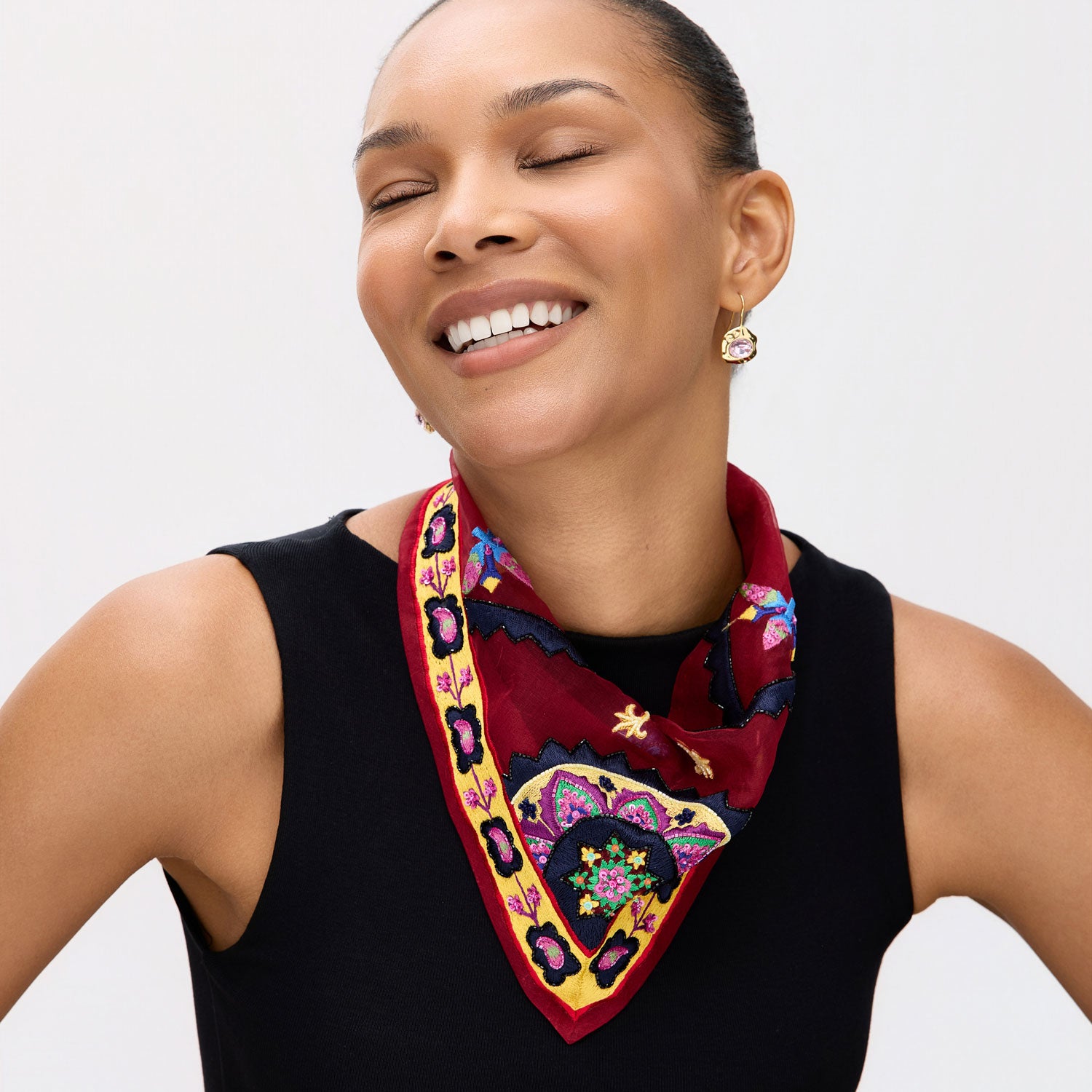 Red Bandana with Colorful Pattern Styled on Model