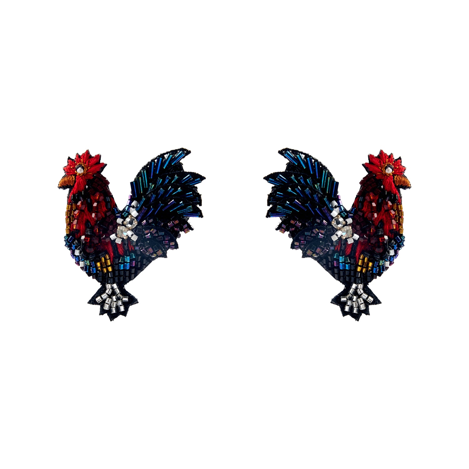 Red and Blue Multi Beaded Gamecock Stud Earrings on Flat White Background