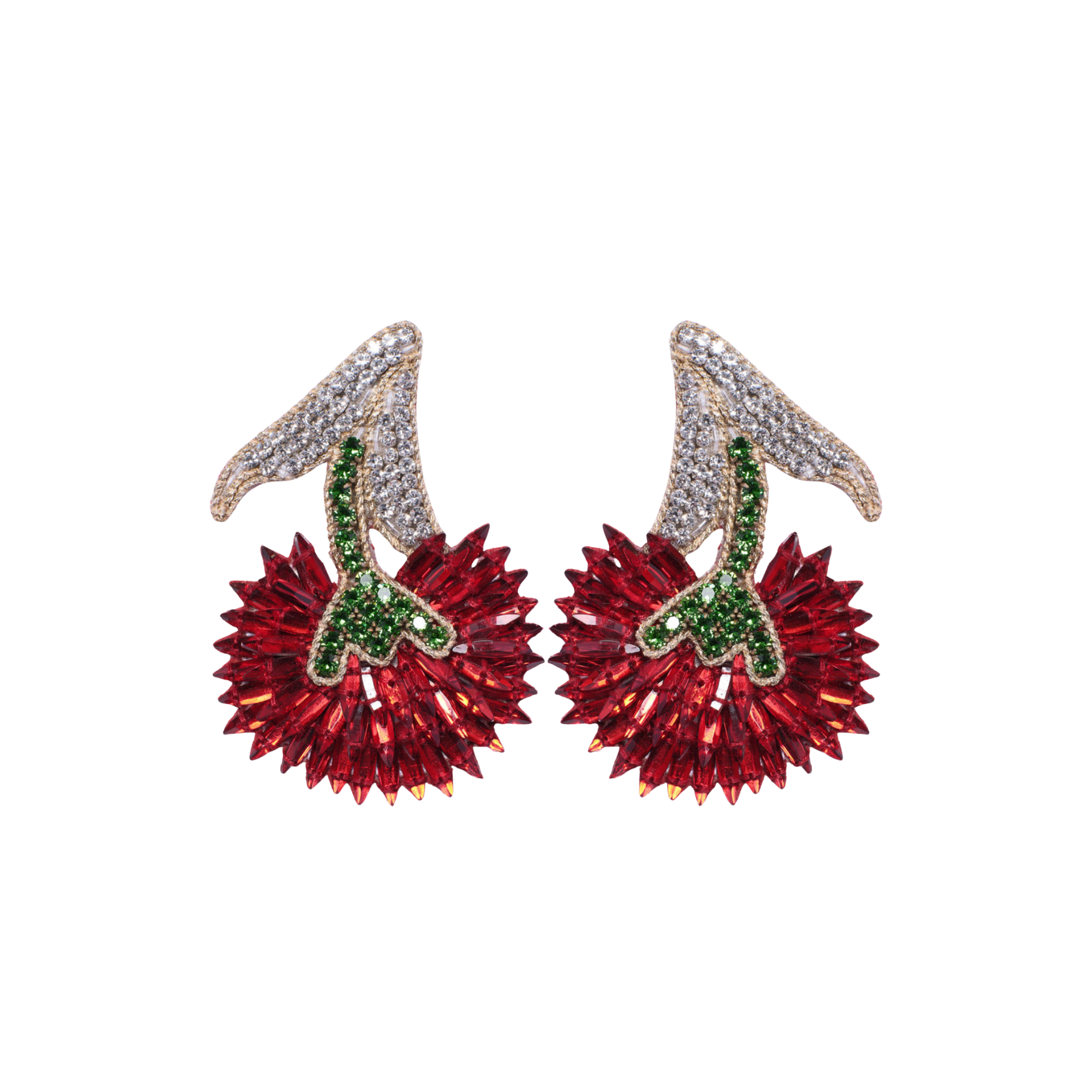 Red Crystal Embroidered Cherry Earrings on Flat White Background