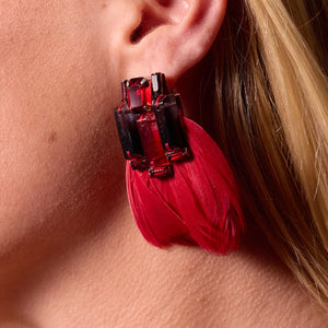 Red Feather and Crystal Drop Earrings Styled on Model's Ear