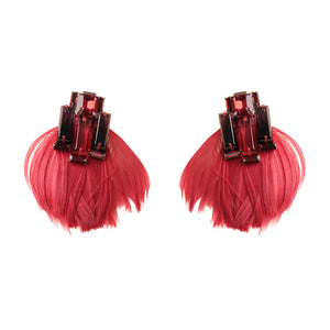 Red Feather and Crystal Drop Earrings on Flat White Background