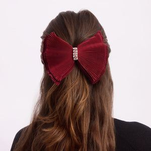 Red Pleated Hairbow with Crystal Center Accent on Model