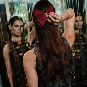 Red Pleated Hairbow with Crystal Center Accent Styled on Model