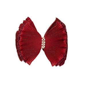 Red Pleated Hairbow with Crystal Center Accent on White Background