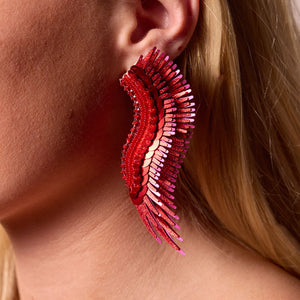 Red Sequin and Bead Wing Earrings Styled on Model's Ear