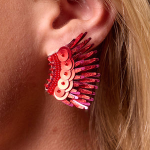 Red Sequin and Bead Wing Stud Earrings Styled on Model's Ear