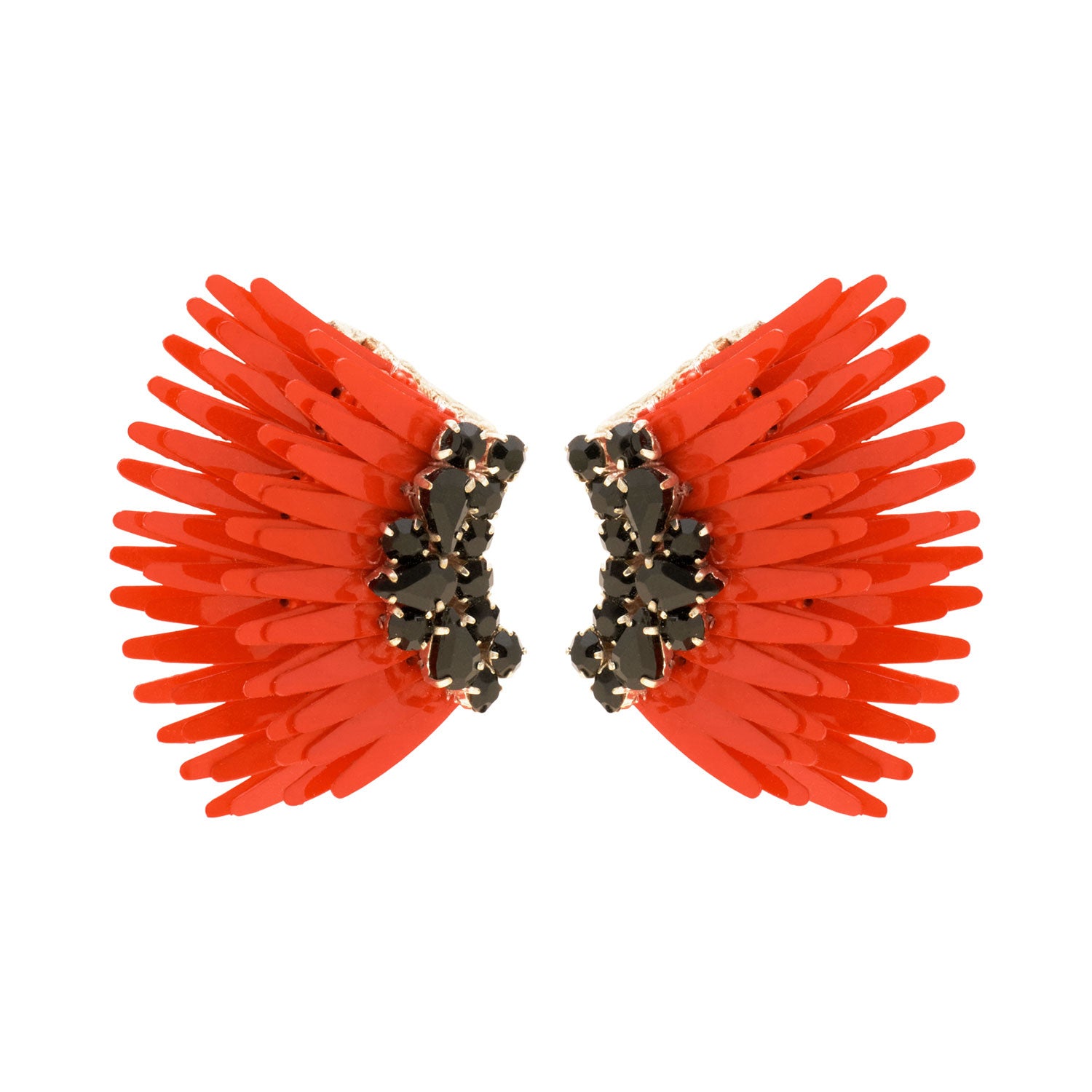 Red Sequin Wing Stud Earrings with Black Crystals on Flat White Background
