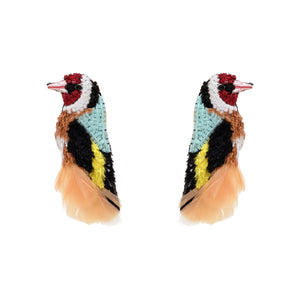 Multi-Colored Bead and Feather Bird Earrings on Flat White Background
